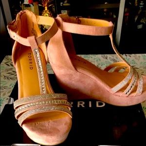 Blush/dusty rose wedges with rhinestone embellishments - size 6.5W - worn once